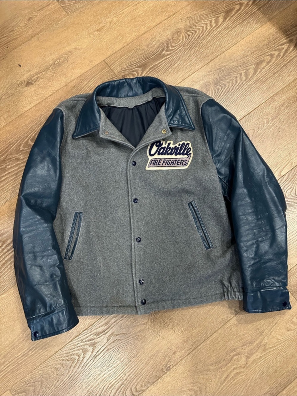 Vintage Oakville Fire Fighters Varsity Jacket Grey Wool Blue Leather Size 46